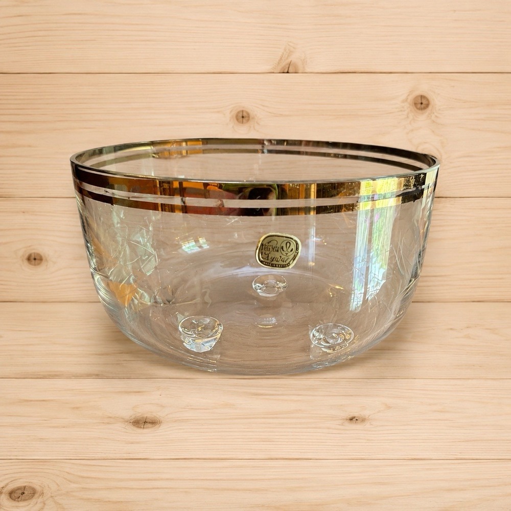 Bohemia Crystal Czech Bowl Gold Rim 3 Footed Etched Floral Serving Bowl [CAB]
